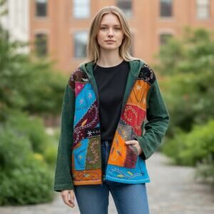 Patchwork Boho Hoodie Full Zip Hippie Embroidered